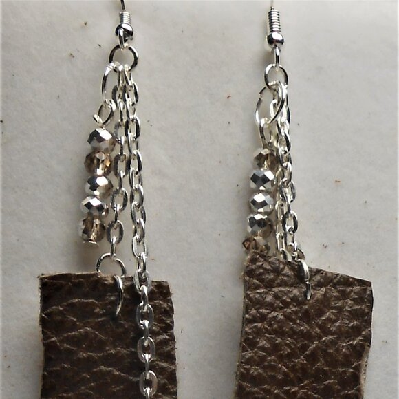 No.1139 Handmade earrings with leather pieces 2 1/2 inches long - Picture 3 of 4
